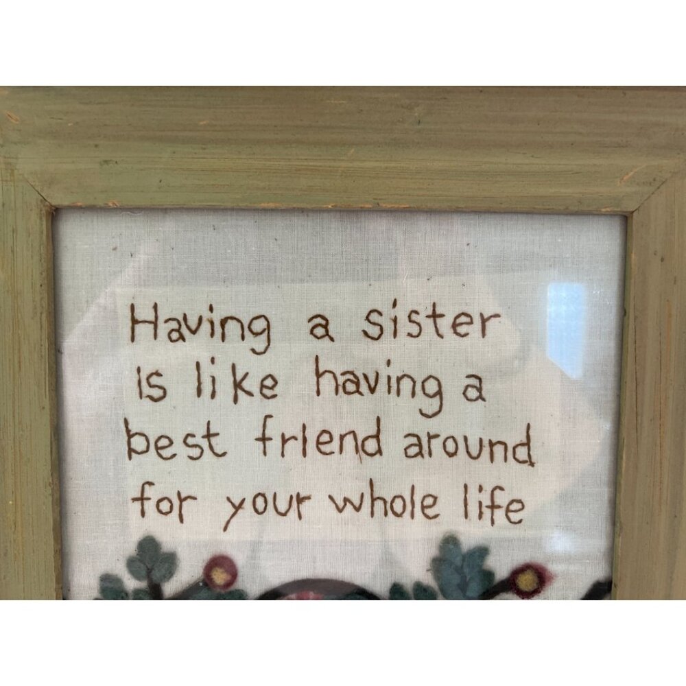 Charming FRAMED NEEDLEPOINT on Fabric w Applique Embroidery Sisters 12.5" sq - Picture 4 of 8
